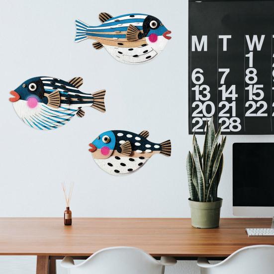 Yousheng 3 шт./набор Настенный декор в виде рыбы-фугу Милый декоративный деревянный глобус-рыба Деревенский мультяшный орнамент настенного искусства в виде рыбы-фугу для гостиной, спальни, столовой