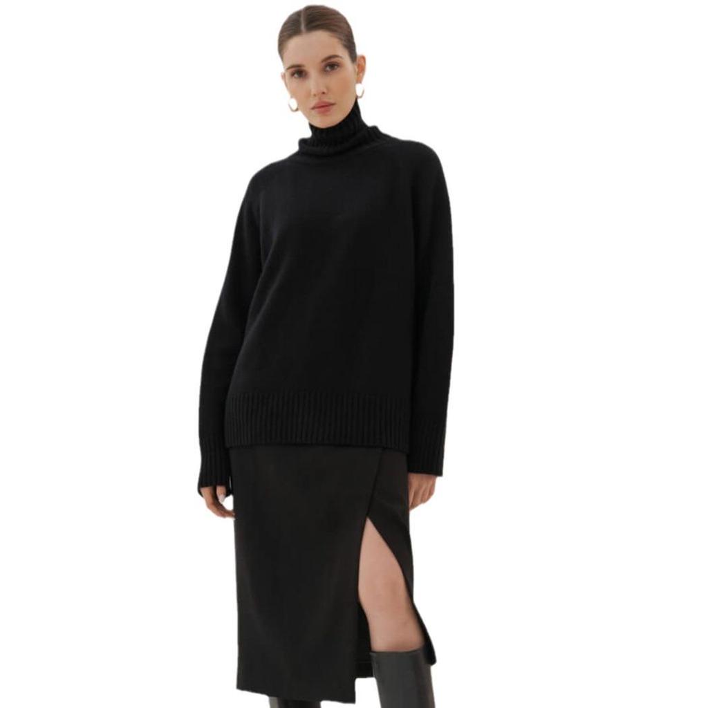 Повседневный трикотажный свитер с длинным рукавом и высоким воротом - Однотонный и удобной посадки