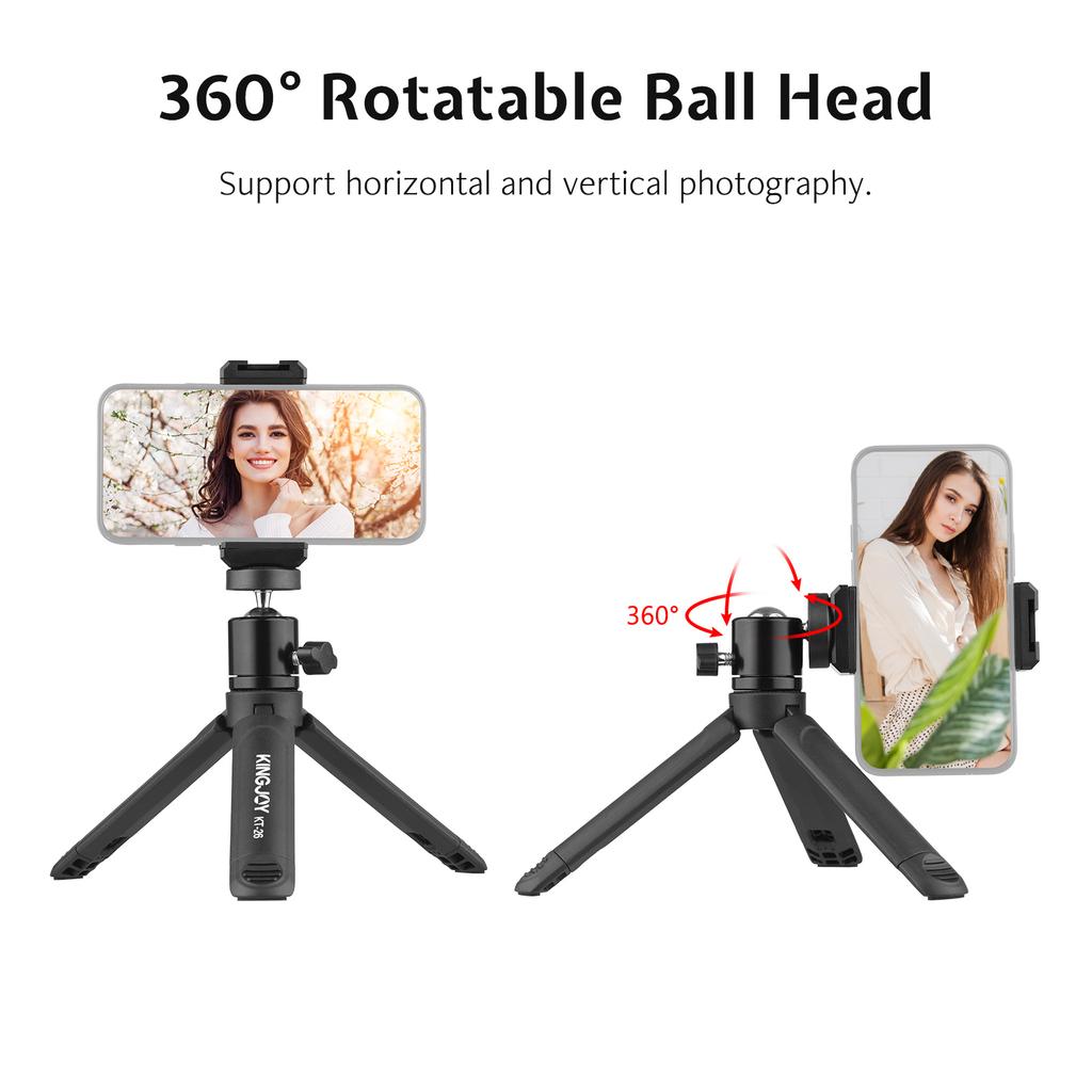 KINGJOY KT 26 Mini Desktop Tripod Rotatable Ball Head with Extendable Cold Shoe Phone Clip 1 4 Inch Screw for