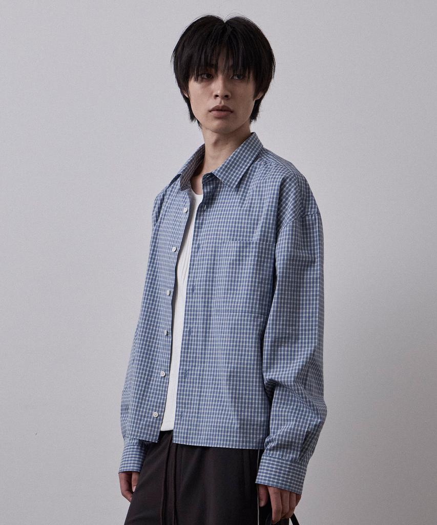 LEARVE Segment Check Cropped Long-Sleeve Shirt Blue