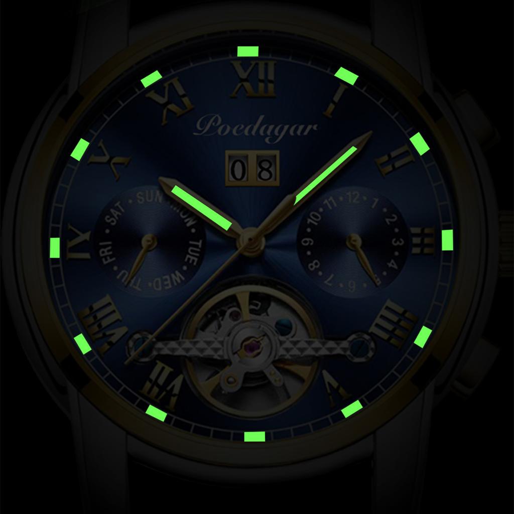 POEDAGAR Новые роскошные мужские часы ТОП-бренда с коробкой, автоматические водонепроницаемые полые многофункциональные светящиеся мужские механические часы