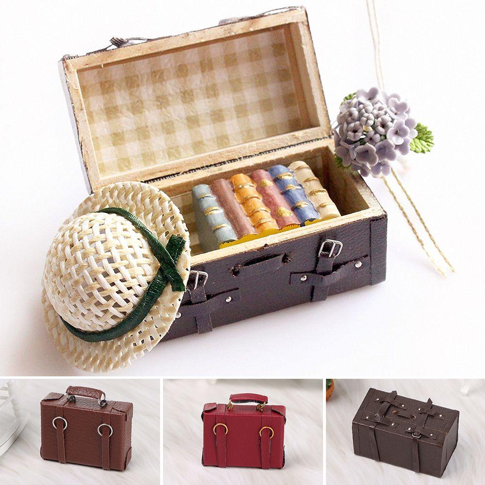 Dollhouse Furniture Doll Leather Luggage Vintage Wood Box Miniature Portable Trunk Mini Suitcase