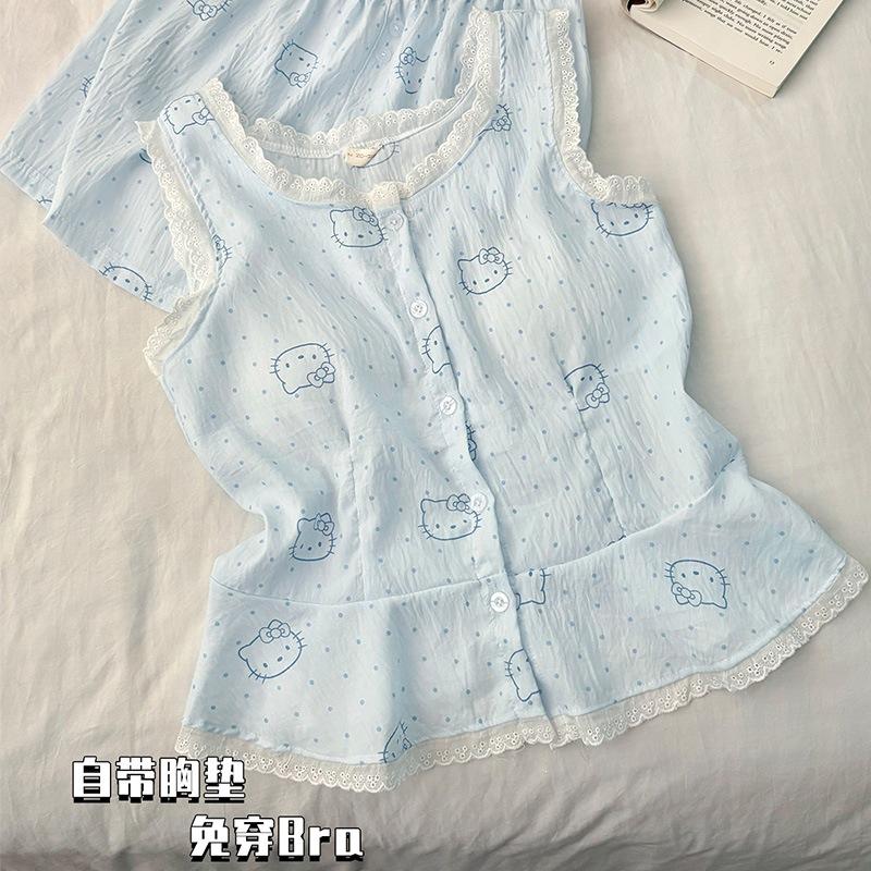 With chest pad vest shorts pajamas women's 1011 new summer cloud cotton sweet cartoon lace loungewear set