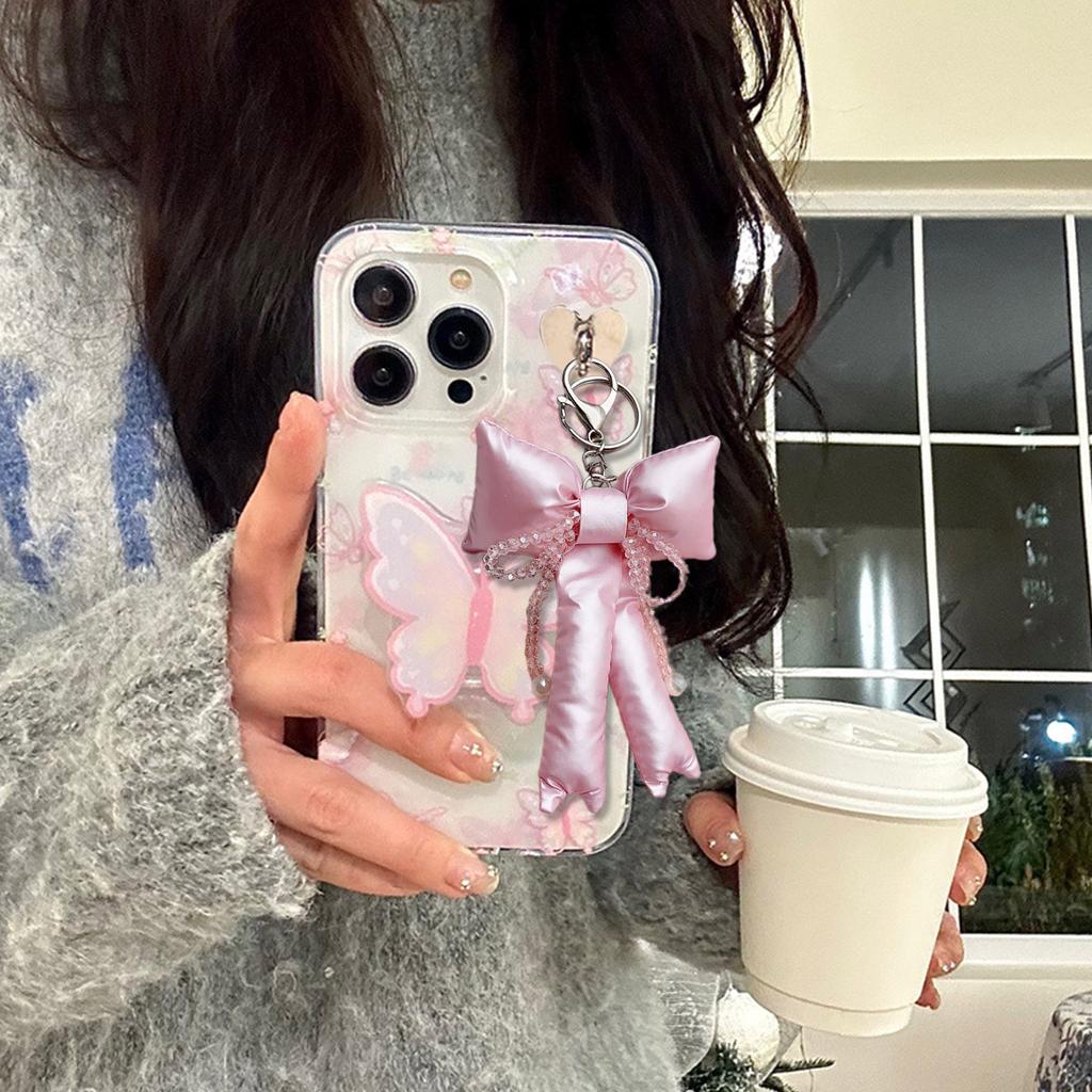 Elegant Beaded Keychain Phone Charm Unique Keyring Padded Bowknot Bag Pendant Accessory for Purse Backpack Handbag