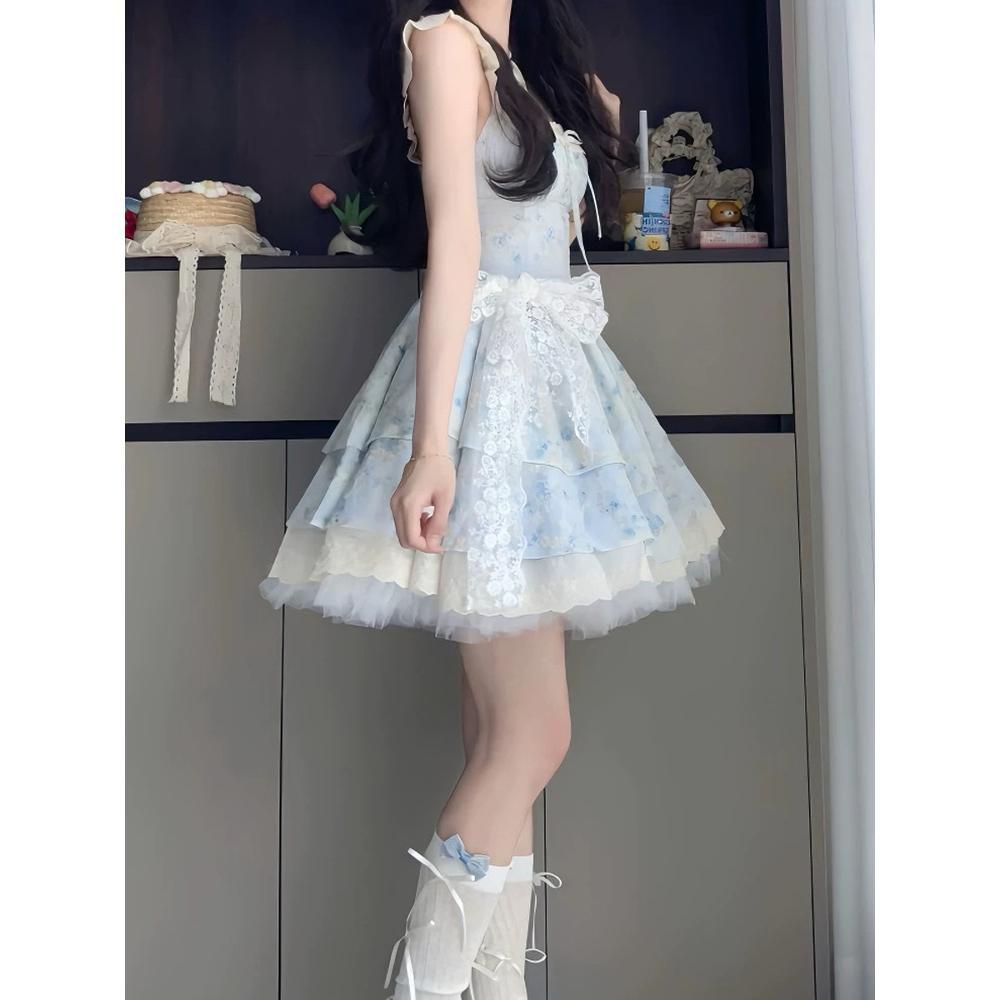 Sweet Spice Girl Pink Floral Dress Women's Summer Xiaofei Sleeve Design Sense Princess Cake Dress Waist Fluffy Dress