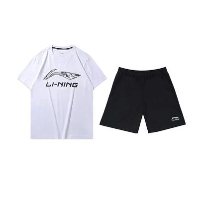 Модный комплект Li Ning с принтом логотипа и букв, приятный к коже, удобный, универсальный, пуловер с круглым вырезом, футболка с коротким рукавом, повседневный спортивный комплект YHST165-1+YKSV147-2