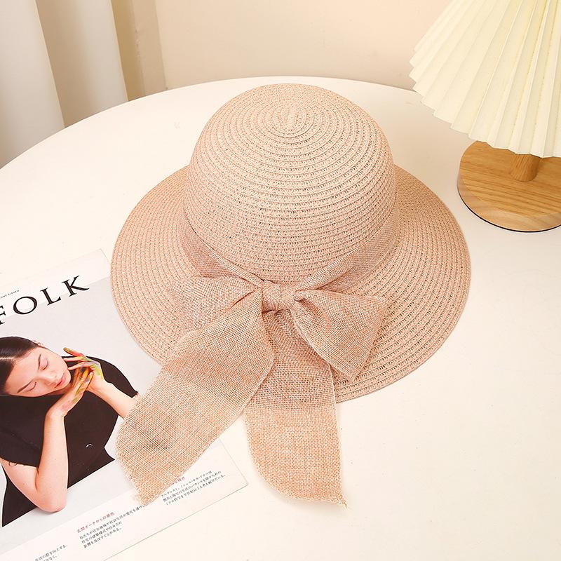 Womens Beach Sun Hat Summer Straw Hat with Bow, Adjustable Head Circumference, Wide Brim, Breathable, Travel Foldable Sun Hat