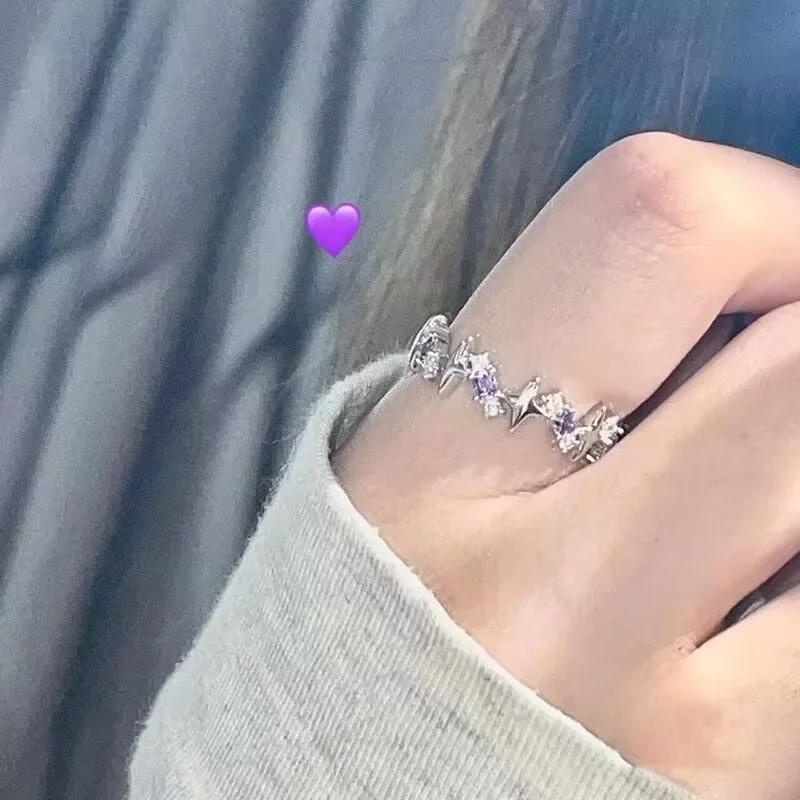 Purple Crystal Irregular Heart Ring for Women Korean Fashion Luxury Zircon Open Adjustable Y2K Style Exquisite Jewelry Accessory