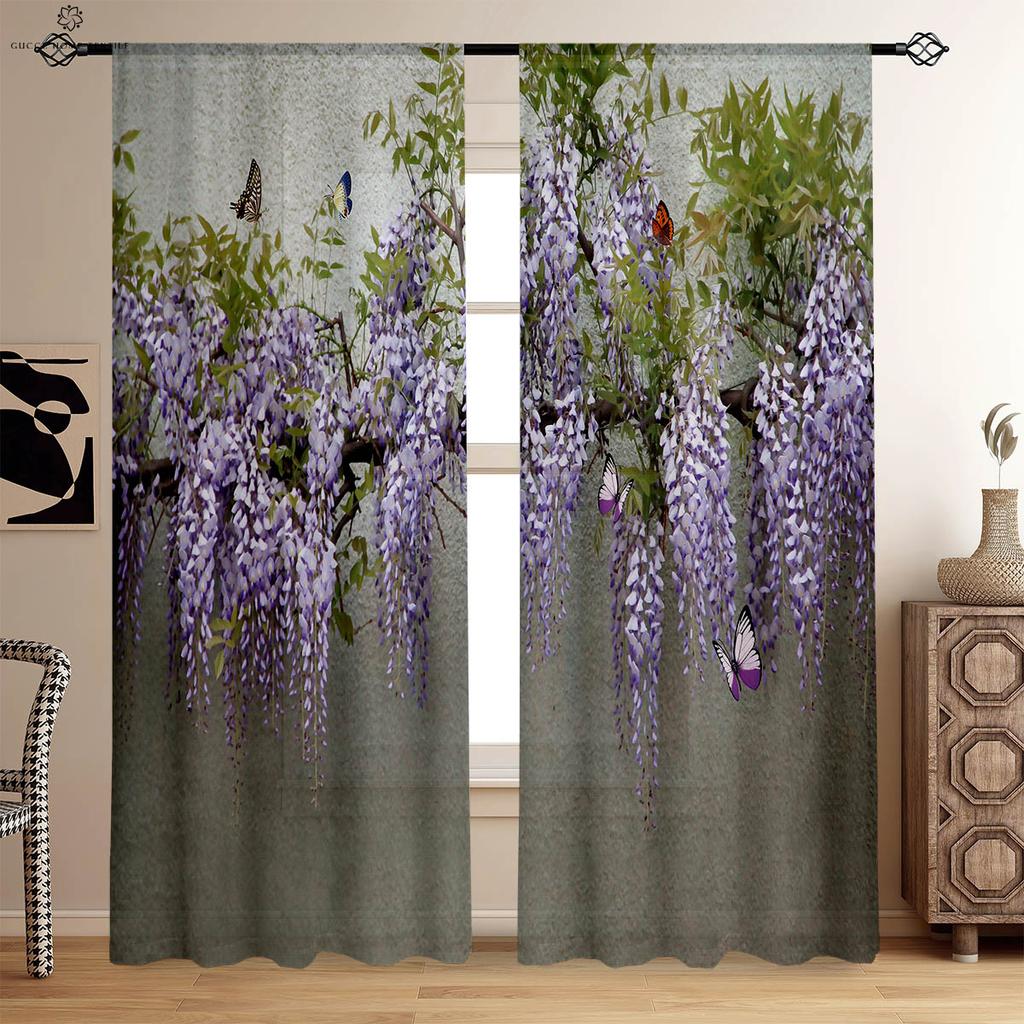 Floral Butterfly Symmetrical Printed Curtains, Decorative Curtains, Suitable for Bedroom, Living Room, Kitchen, Study Room,