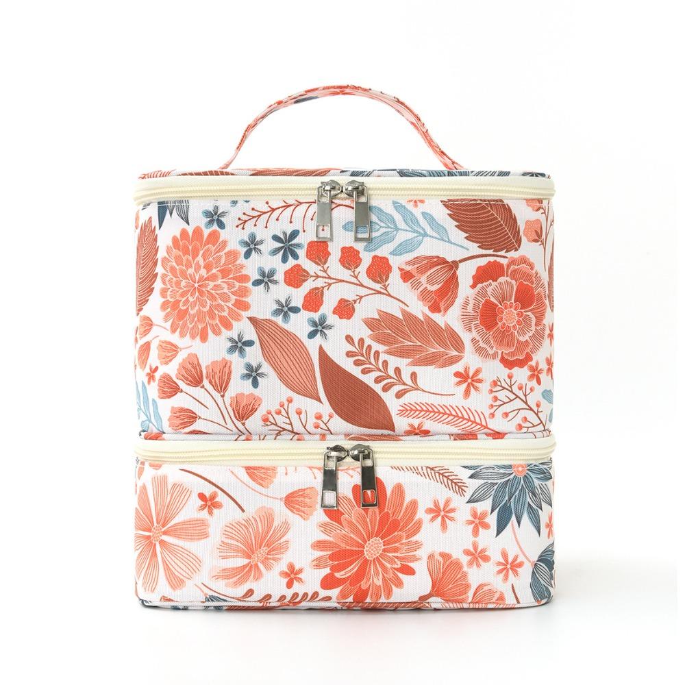 Double Layer Nail Polish Storage Bag Floral Print Large Capacity Essential Oil Bag Detachable with Handle Nail Lamp Case