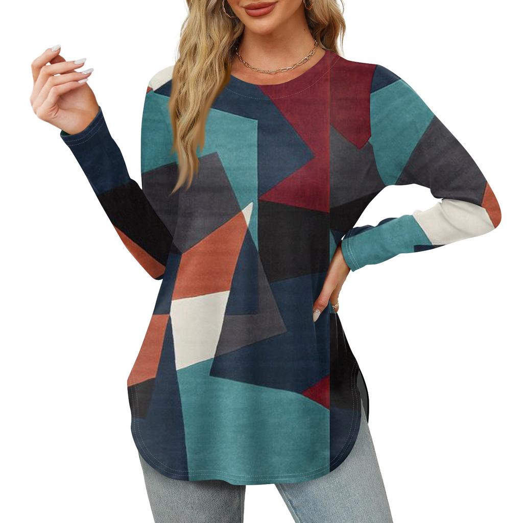 Женские рубашки с длинным рукавом и круглым вырезом, базовые свободные туники с боковым разрезом, повседневные рубашки с цветочным принтом