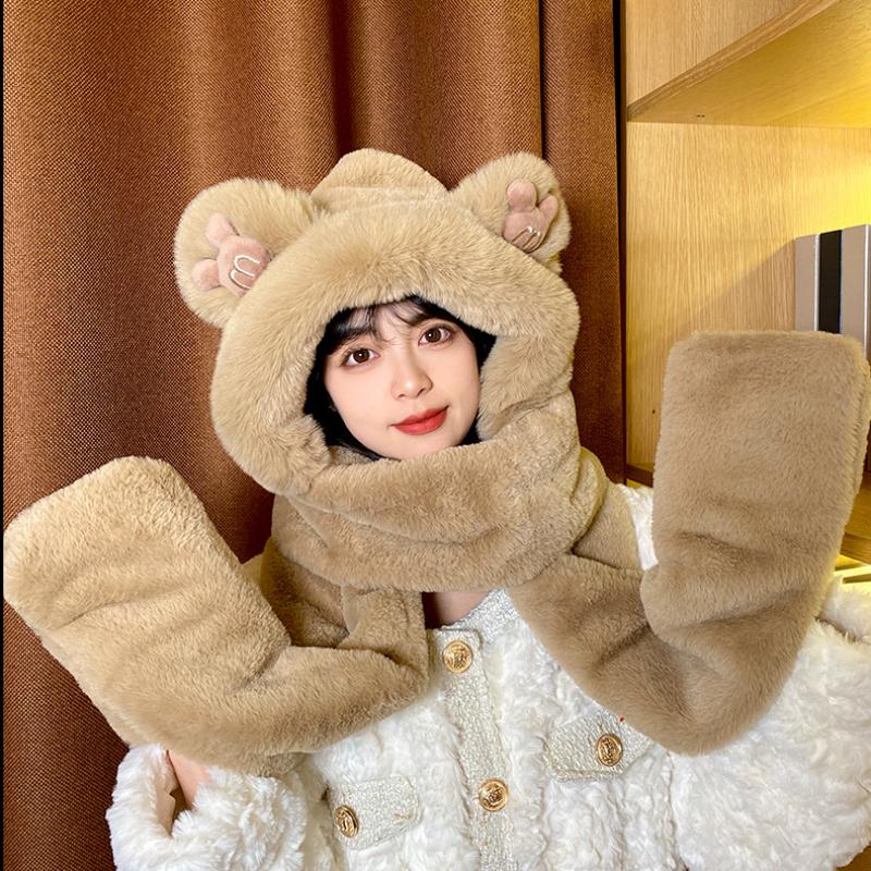 Scarf, Female Winter Bear with Hat, Korean Version of Cute Winter Integrated Thermal Gloves, Three Plush Scarves