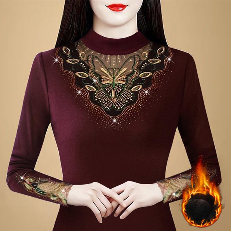 New Spring Embroidery Hot Diamond Plus Velvet Thickened Mesh Base Shirt for Women