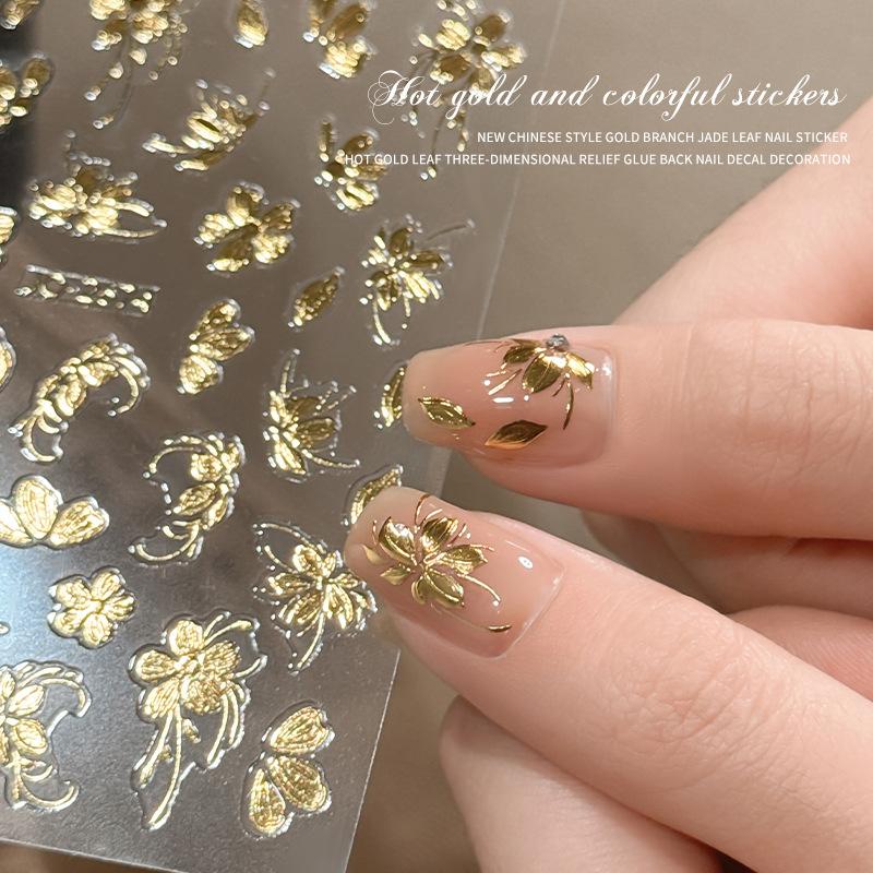 New Retro Nail Art Hot Stamping Stickers Embossed Flower Branches and Jade Leaves Nail Art Decorations