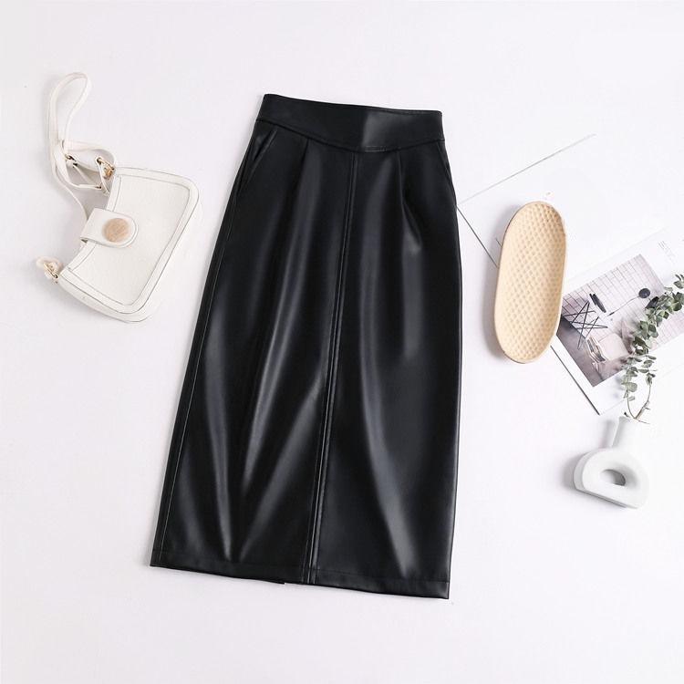 Элегантная юбка из кожи с высокой талией и разрезом на весну для женского сезонного наряда