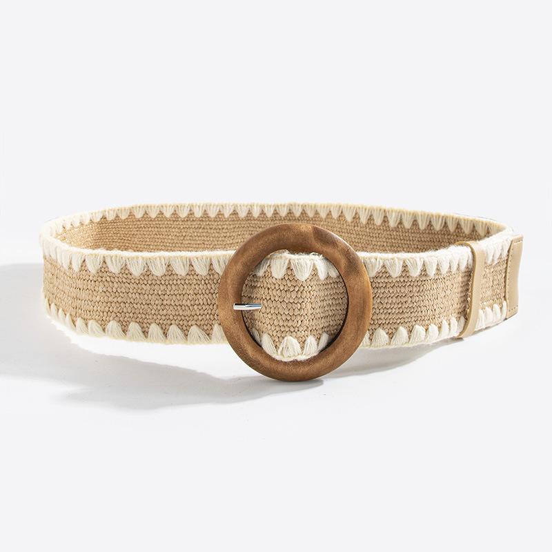 Богемный пояс, Женский плетеный из соломы шерстяной декорированный круглый деревянный пряжкой эластичный пояс, Пояс в стиле натурального отдыха