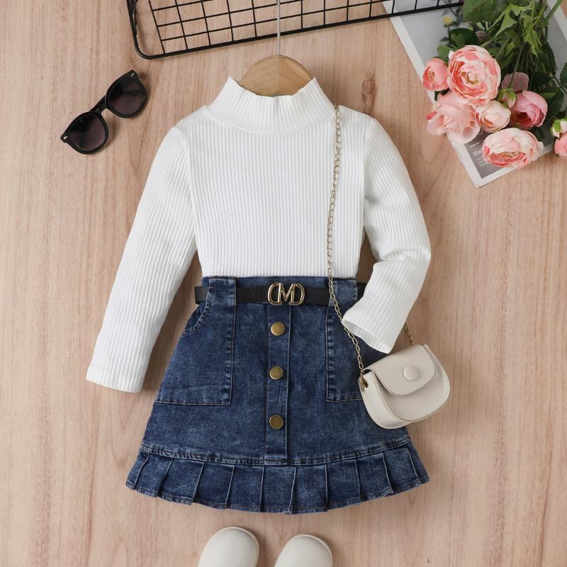 Girls' Fashion Set, Summer Children's Casual Solid-color Long-sleeved Top, Denim Pleated Skirt Set