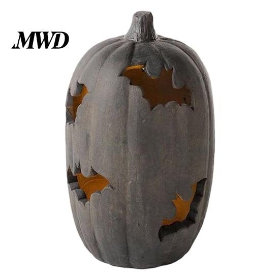 Durable Halloween Collectibles Pumpkin Resin Figurine, Bat Hollow Out Lantern with Seasonal Desk Centerpieces Warm Light, Spooky Indoor Outdoor