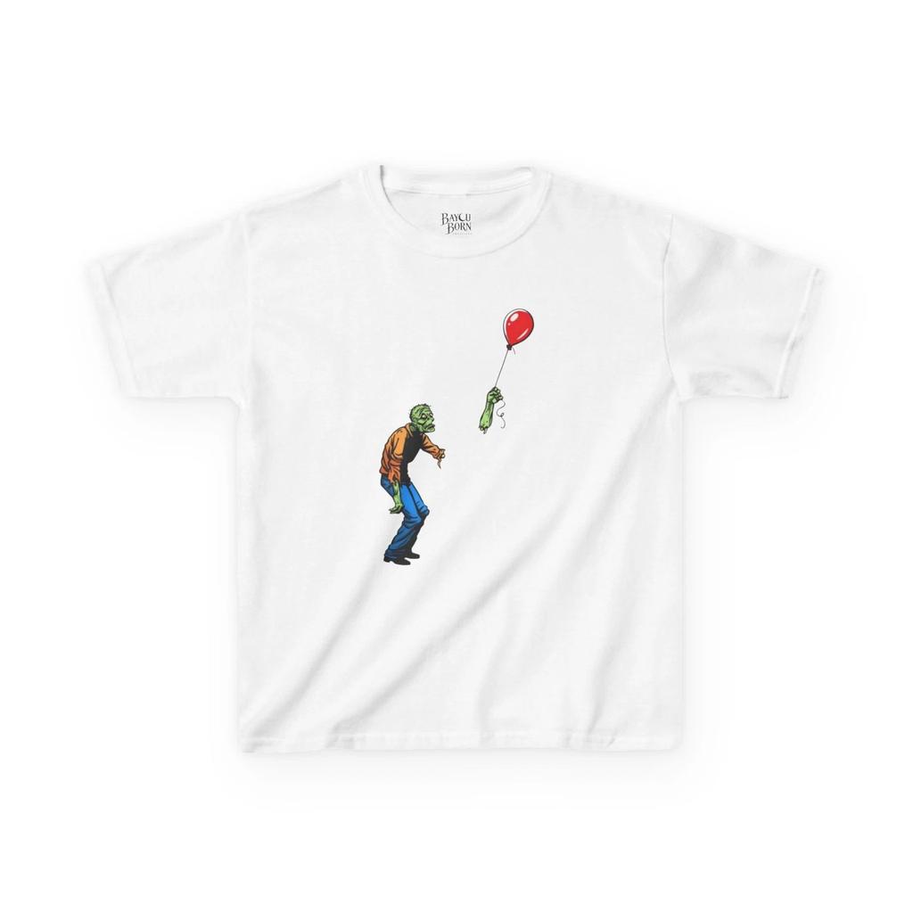 Green Zombie Holding Balloon, Kids Tee | Cute Halloween Shirt