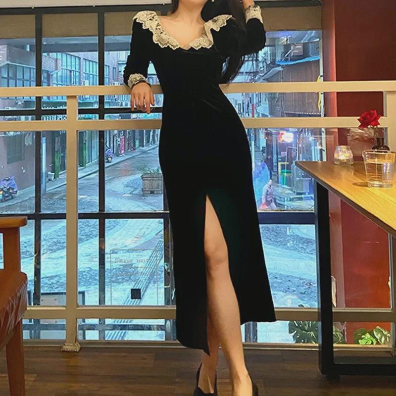 Women's Black Velvet Long-Sleeve Slit Dress - French Style with Lace, Spring/Autumn 2022.