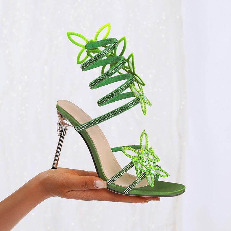 Модные Сексуальные Змеиные Новые Босоножки с Открытым Носком и Стразами, Квадратный Носок, Открытый Носок, Бабочка, Шпилька, Противоскользящие, Износостойкие, Высокий Каблук