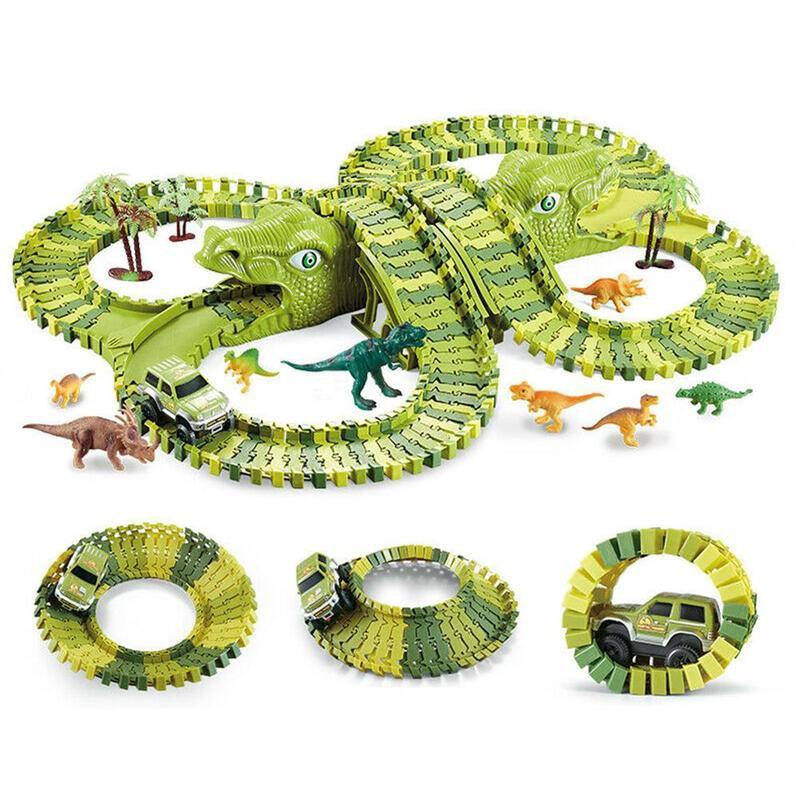 Железнодорожный автомобиль с динозавром, игрушечный трек, гоночный автомобиль, сделай сам, фигурки динозавра, модель, развивающие игрушки для мальчиков и детей