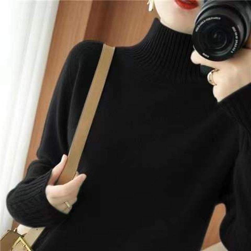 Осенне-зимний свитер с высоким воротником, женский пуловер с короткими рукавами и длинными рукавами, однотонный вязаный универсальный топ женский