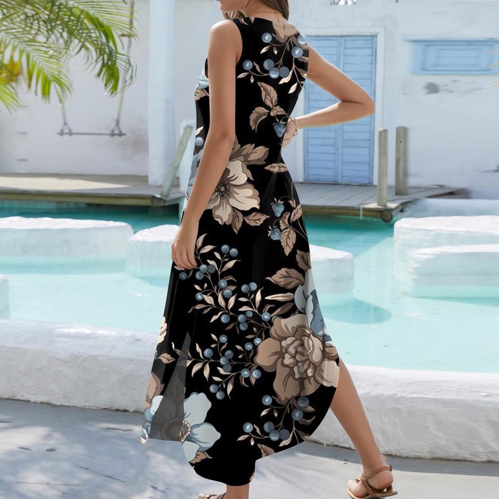 Женский 2024 летний повседневный свободный сарафан длинное платье с цветочным принтом без рукавов с v-образным вырезом и разрезом футболка платья макси