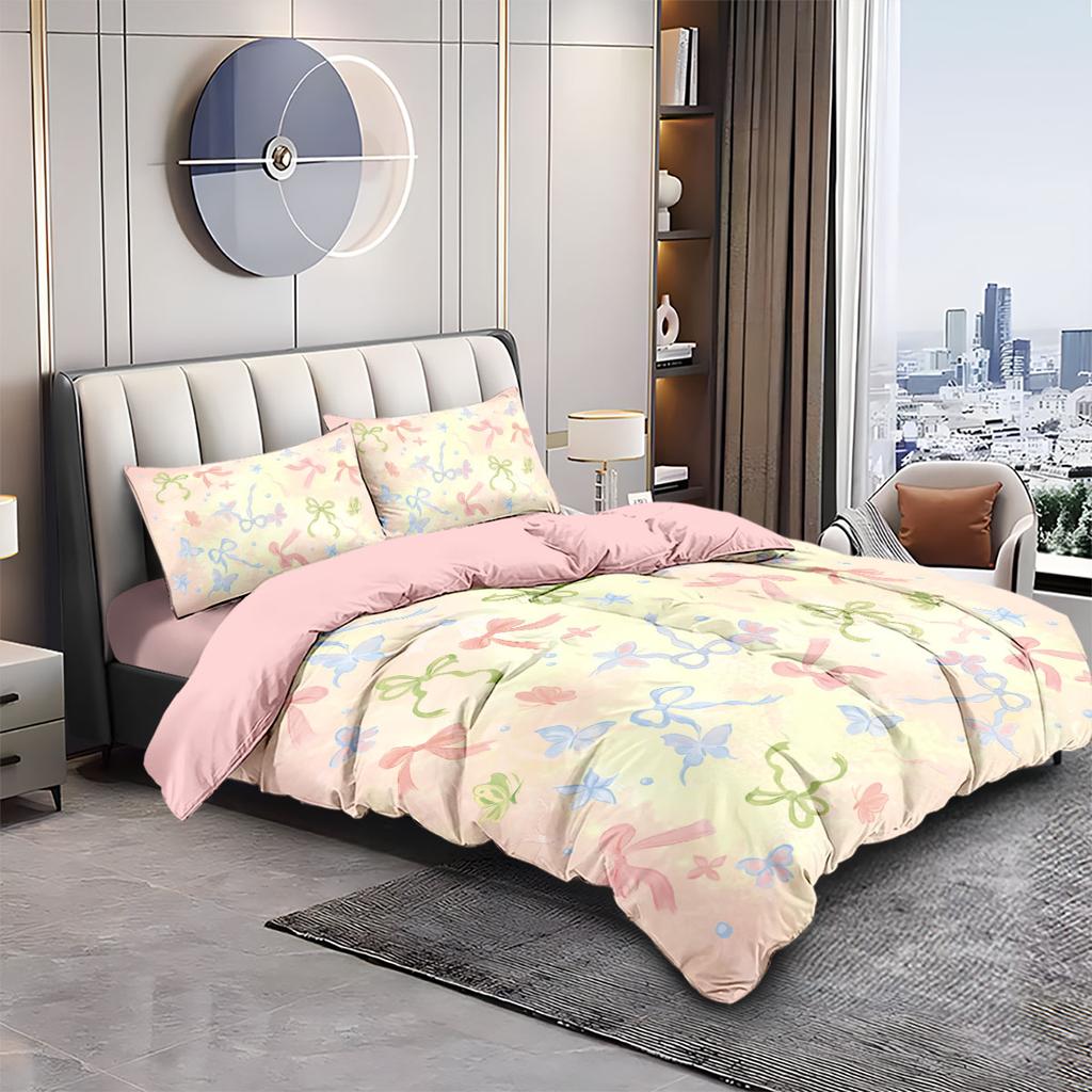 3Pcs Pink Dreamy Sweet Bow Printed Coreless Bedding Set Multi Size Bedroom Bedding Decoration Soft And Comfortable