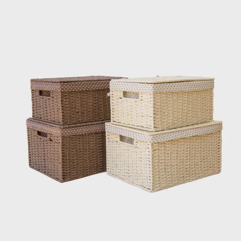«Маленький плетеный соломенный ящик для хранения с крышкой для рабочего стола в спальне»