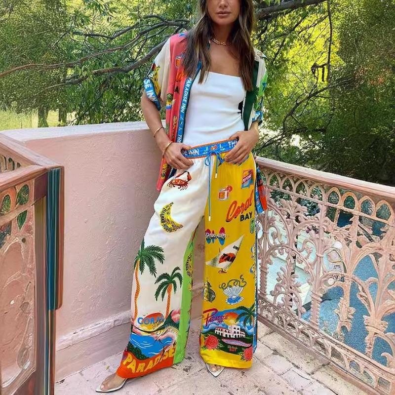 Одежда из 2 предметов Рубашка на пуговицах с коротким рукавом и высокой талией Широкие ноги Одежда для отдыха Эластичная талия Повседневные комплекты Рубашка с растительными и цветочными принтами