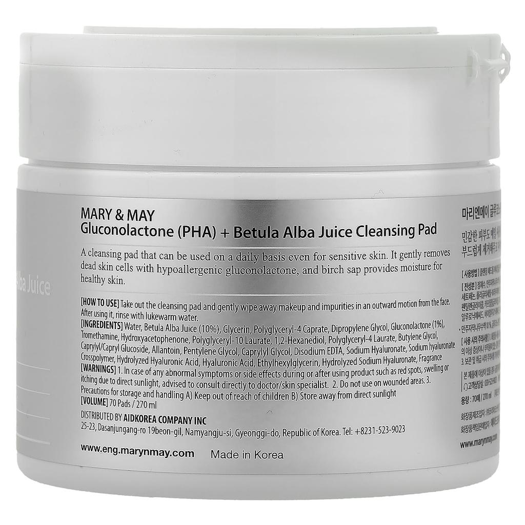 Mary & May Глюконолактон (PHA) + Очищающие салфетки с соком березы белой, 70 шт., 270 мл