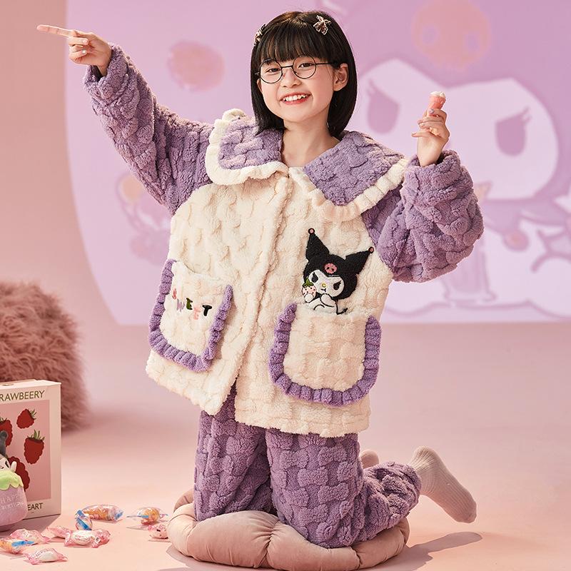 Kids Flannel Pajamas Set Boys Girls Warm Long Sleeve Top And Pants Sleepwear Winter Home Nightwear