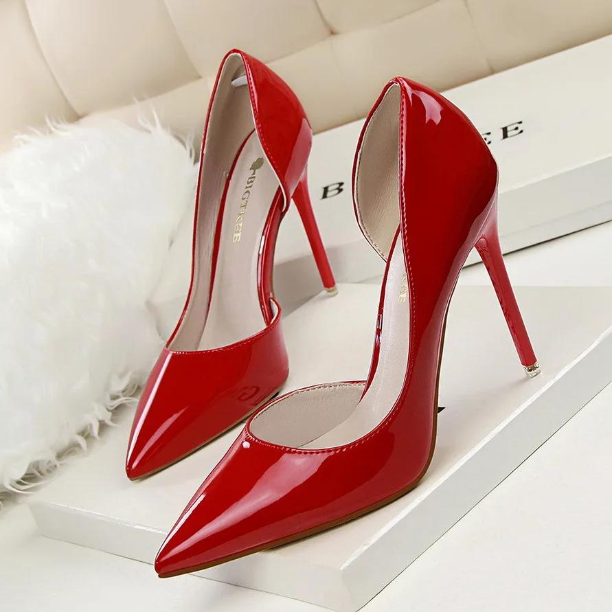 Fashion Sexy Pointed Toe Patent Leather Design Women Pumps Shallow Hollow Women Elegant Thin High Heels Stripper Shoes Career Work Shoes
