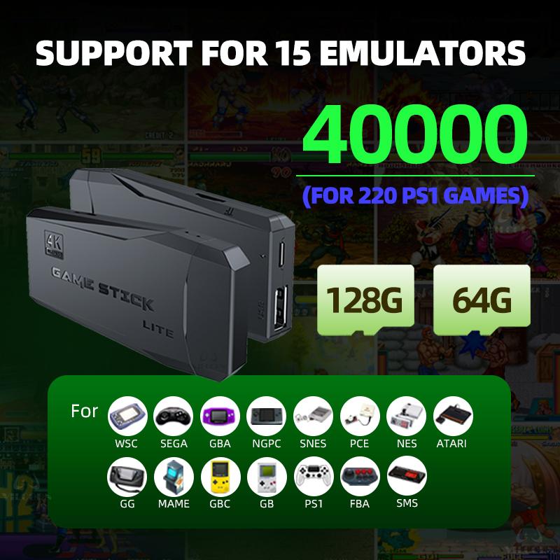 Новая игровая приставка Game Stick 4K TV Retro, встроенная 40000+ семейных игр, 15 эмуляторов для FBA GBA, беспроводной контроллер 2.4G