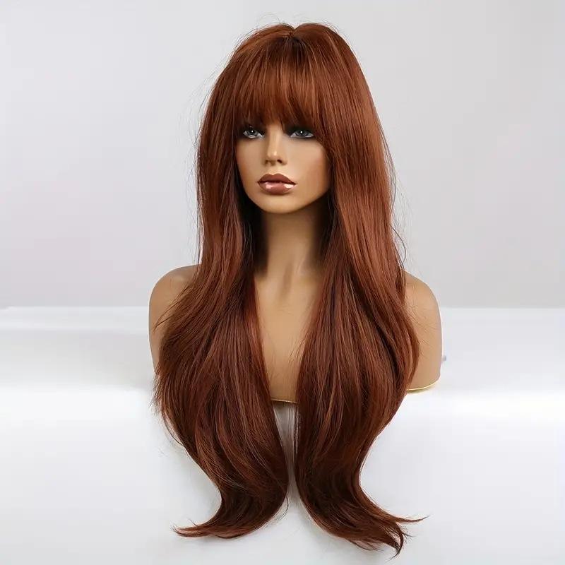 Cross-Border Fashion Adjustable Heat Resistant Long Curly Hair Bangs Light Brown Lace Women's Face-Slimming Wig 130% Density