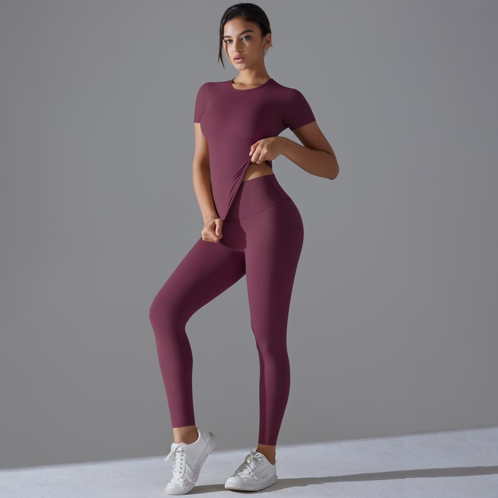 Auroth Short Sleeve Yoga Suit Women Fitness Sportswear Slim Crop Top Hip Lift Leggings Yoga Set