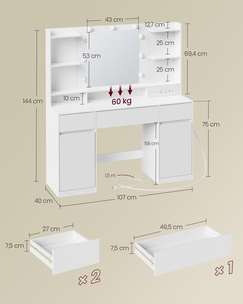 VASAGLE Kailyn Collection RDT142WB02 Dressing Table with Mirror and LED Lights, Power Strip, 2 Cabinets, 9 Dimmable Bulbs, 3 Light Colours
