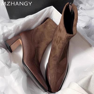 Женские замшевые ботильоны с квадратным носком и средним каблуком, женская мода 2025 года, элегантные зимние нарядные мотоциклетные ботинки для вечеринок, Mujer