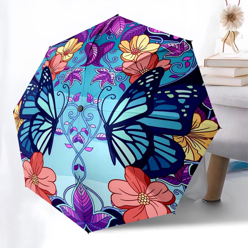 1pc Butterfly Floral Mandala Design Umbrella with Plastic Handle,Vibrant Cartoon Pattern,Multi-functional UmbrellaPT134