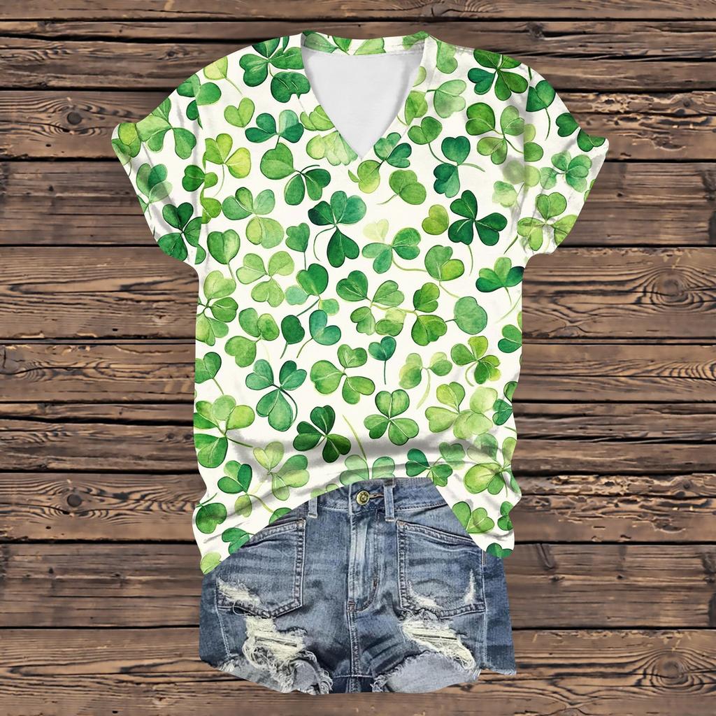 Женская повседневная свободная одежда St. Футболка с короткими рукавами и V-образным вырезом с принтом ко Дню Святого Патрика