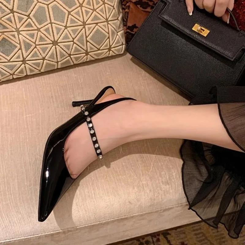 Туфли женские с открытой пяткой женские туфли на высоком каблуке модные туфли-лодочки женские с острым носком и кристаллами неглубокие тонкие каблуки женские босоножки