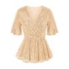 Women Sequin Tops V-Neck Ruffle Sleeves Glitter Blouses Waist Tight Elastic Hem Evening Cocktail Shiny Tops