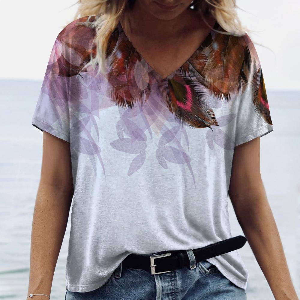 Summer V Neck Women T-Shirts Peacock Feather Graphic Fashion Short Sleeve Harajuku Y2k Top Oversized Casual Female T Shirt