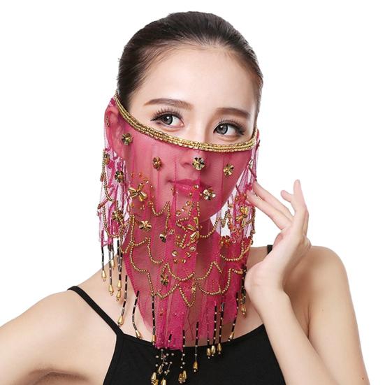 Performance Veil Flower Sequins Beads Decor See-through Lace Belly Dance Tribal Face Veil Breathable Fabric Adjustable Strap Indian Dance Veil
