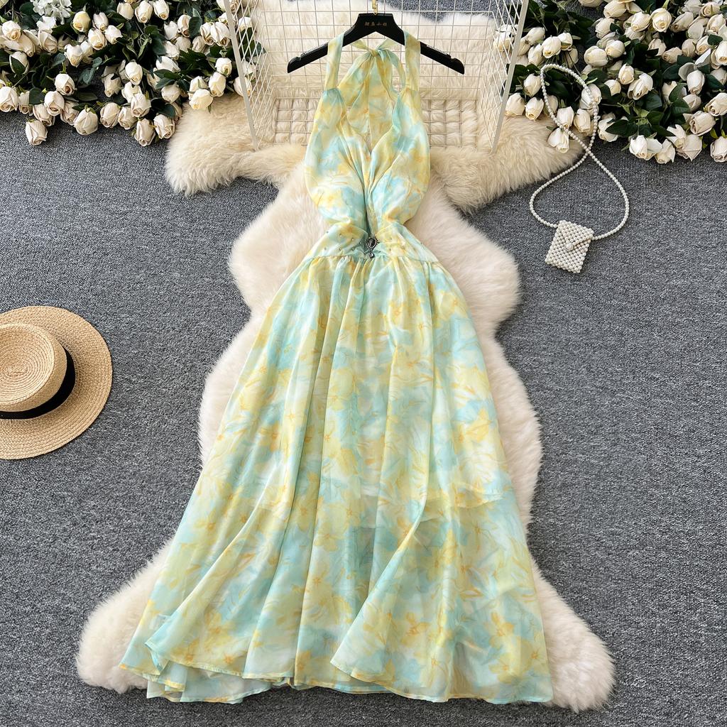 Летние женские шифоновые платья с V-образным вырезом и принтом, бретелька через шею с открытой спиной, бисер, длинные макси, праздничные пляжные платья