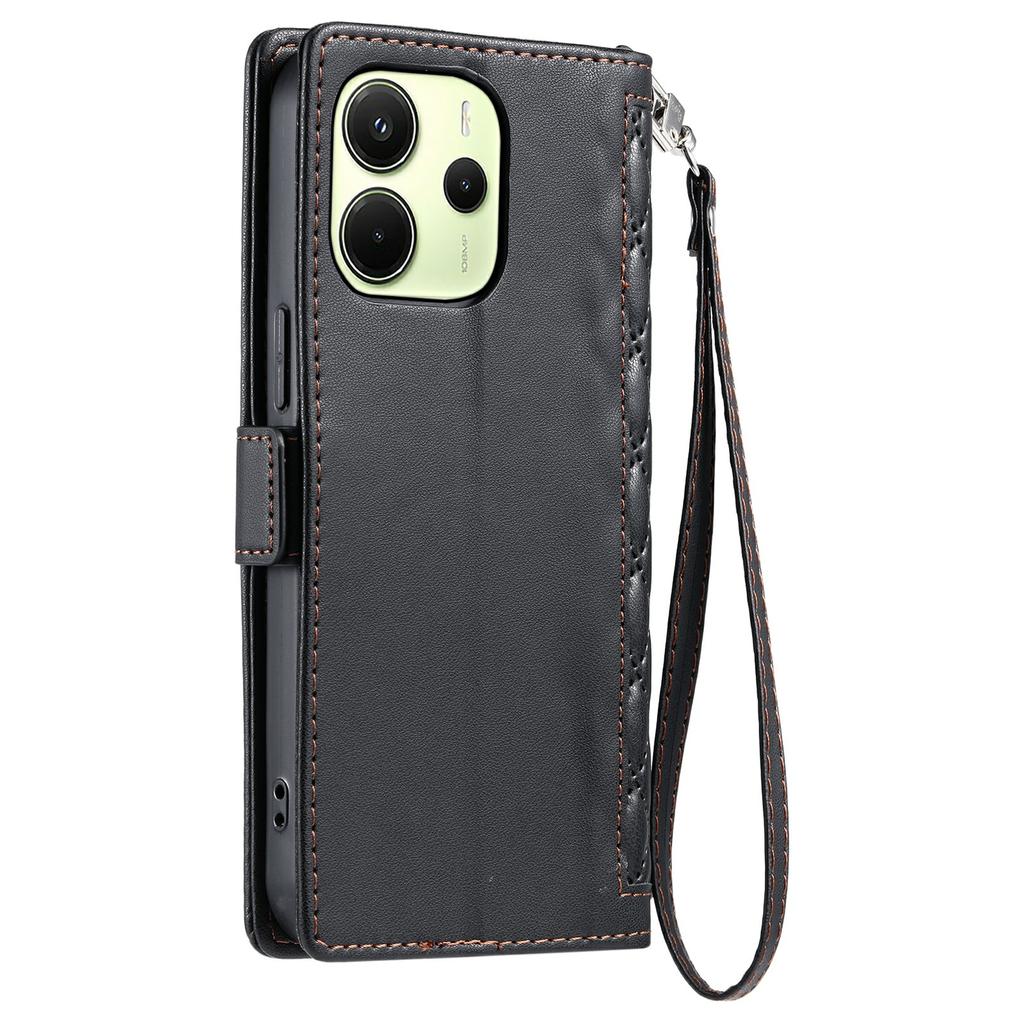 For Xiaomi Redmi Note 14 4G (163.25mm) Leather Case Rhombus Texture Wallet Stand Phone Cover with Wrist Strap