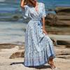 Women's V-neck Lace-up Printed Bohemian Dress Floral Short Sleeve Long Dress