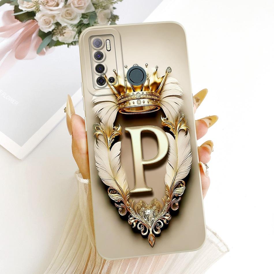 For Tecno Spark Power 2 LC8 Feather Crown Initial Letter Phone Case For Tecno Spark Power2 Soft Silicone Covers Bumpers