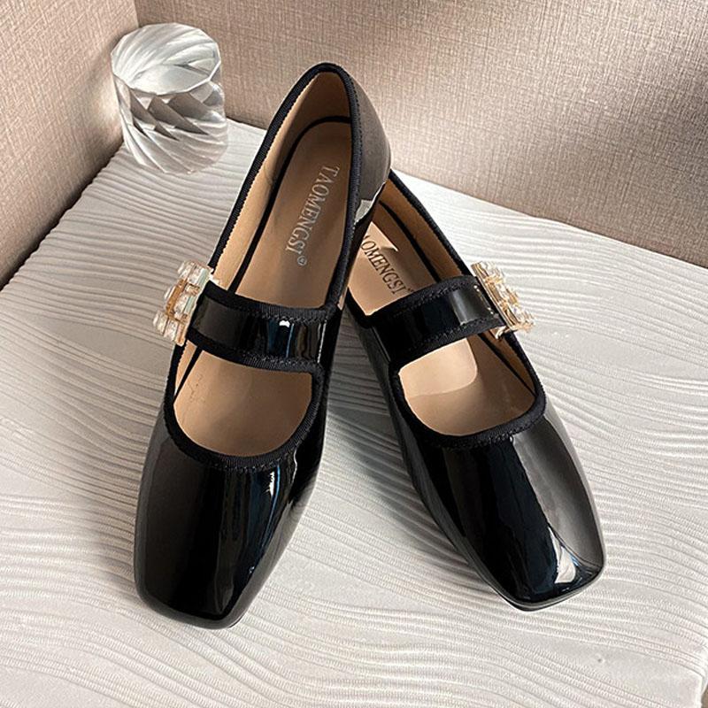 Женские туфли Мэри Джейн, мягкие балетки, черные бархатные лакированные туфли, туфли со стразами и квадратной пряжкой на ремешке, женские рабочие туфли